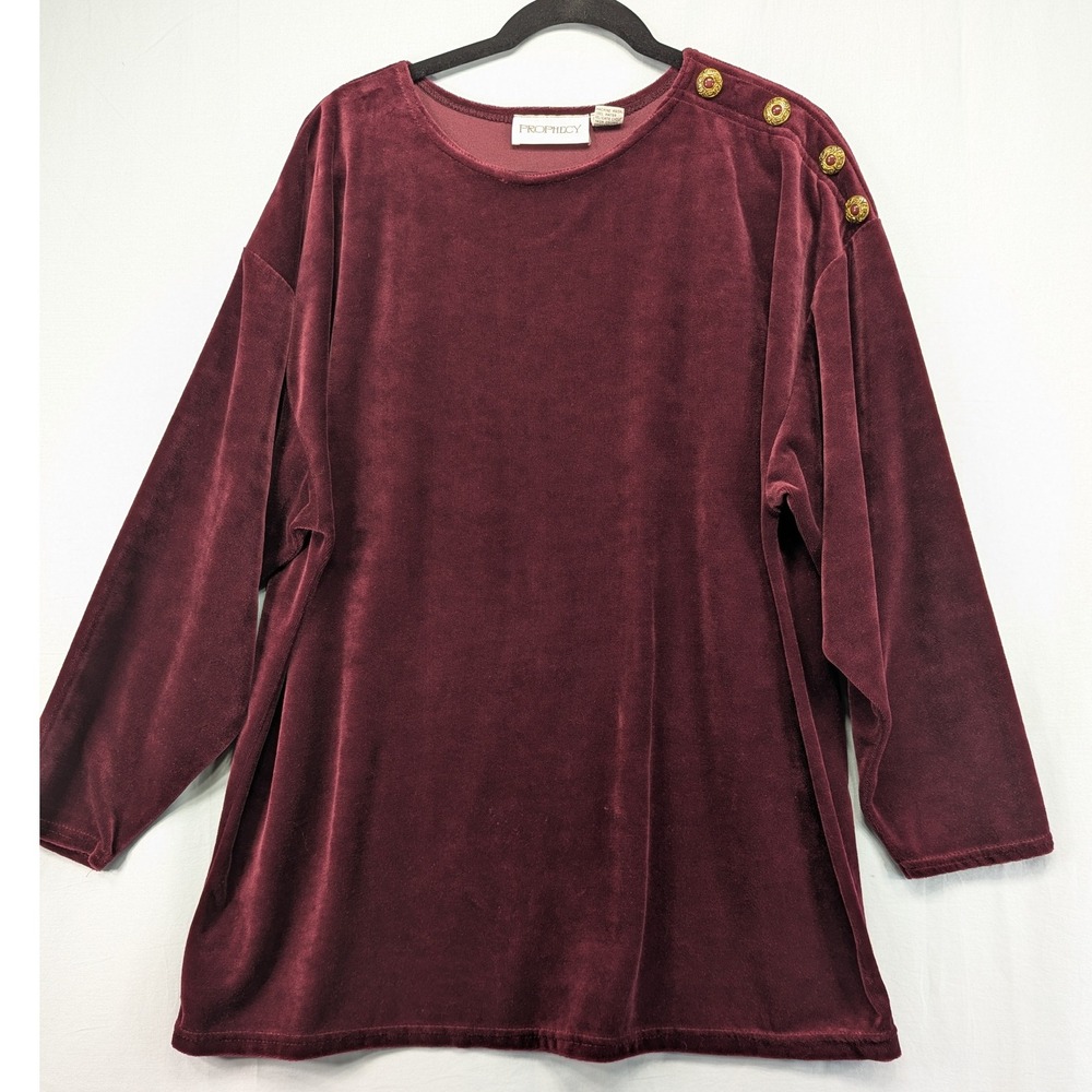 Prophecy Burgundy Velvet Long Sleeve Top‎ Button Shoulder Detail Size Small